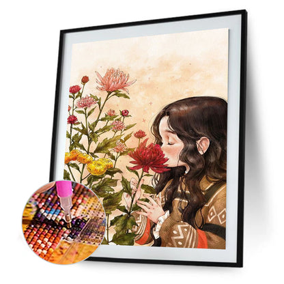 Flower Viewing Girl - Full Round Drill Diamond Painting 30*40CM