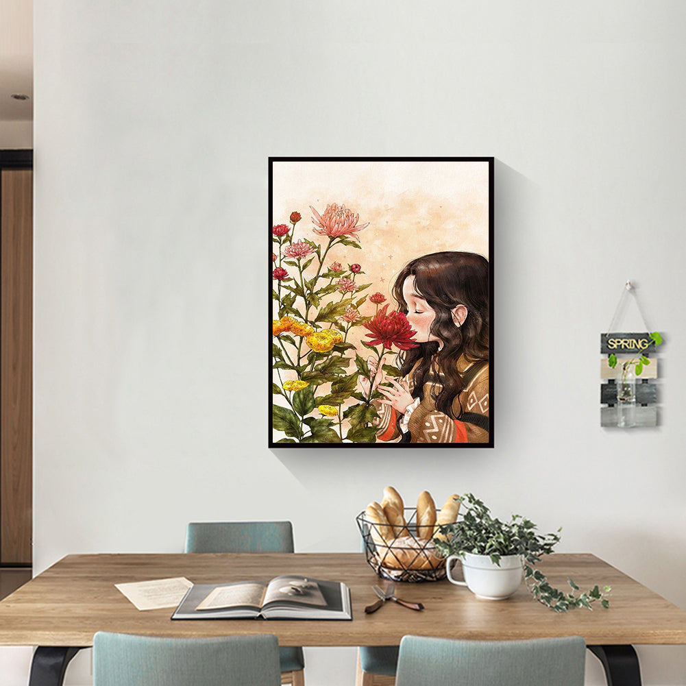 Flower Viewing Girl - Full Round Drill Diamond Painting 30*40CM