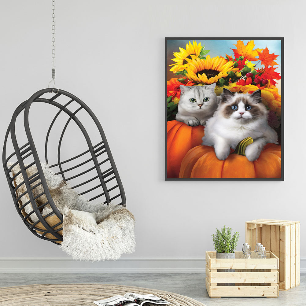 Autumn Sunflower Pumpkin Ragdoll - Full Round Drill Diamond Painting 30*40CM