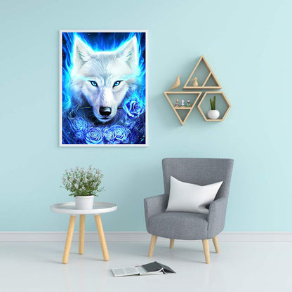 White Wolf And Blue Rose - Full Round Drill Diamond Painting 50*60CM