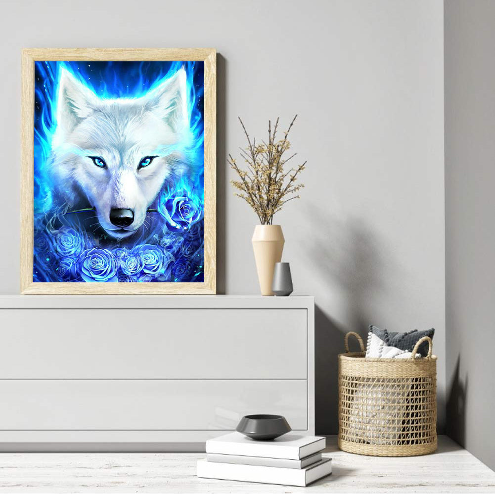 White Wolf And Blue Rose - Full Round Drill Diamond Painting 50*60CM