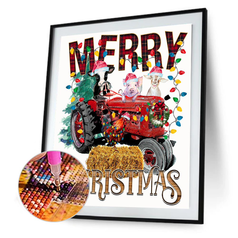 Merry Christmas Farm Tractor - Full Round Drill Diamond Painting 30*40CM