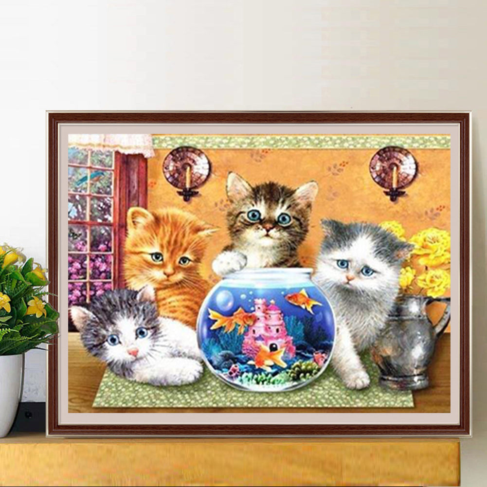 Cat Looking At Goldfish - Full Round Drill Diamond Painting 40*30CM