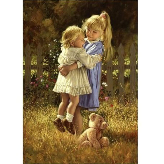 Little Girl And Cartoon Bear - Full Round Drill Diamond Painting 30*40CM