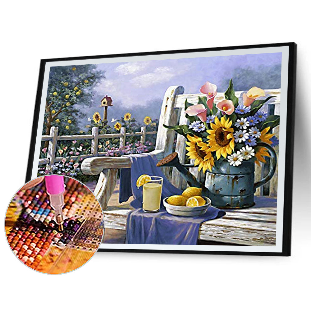 Bouquet On Park Bench - Full Round Drill Diamond Painting 50*40CM