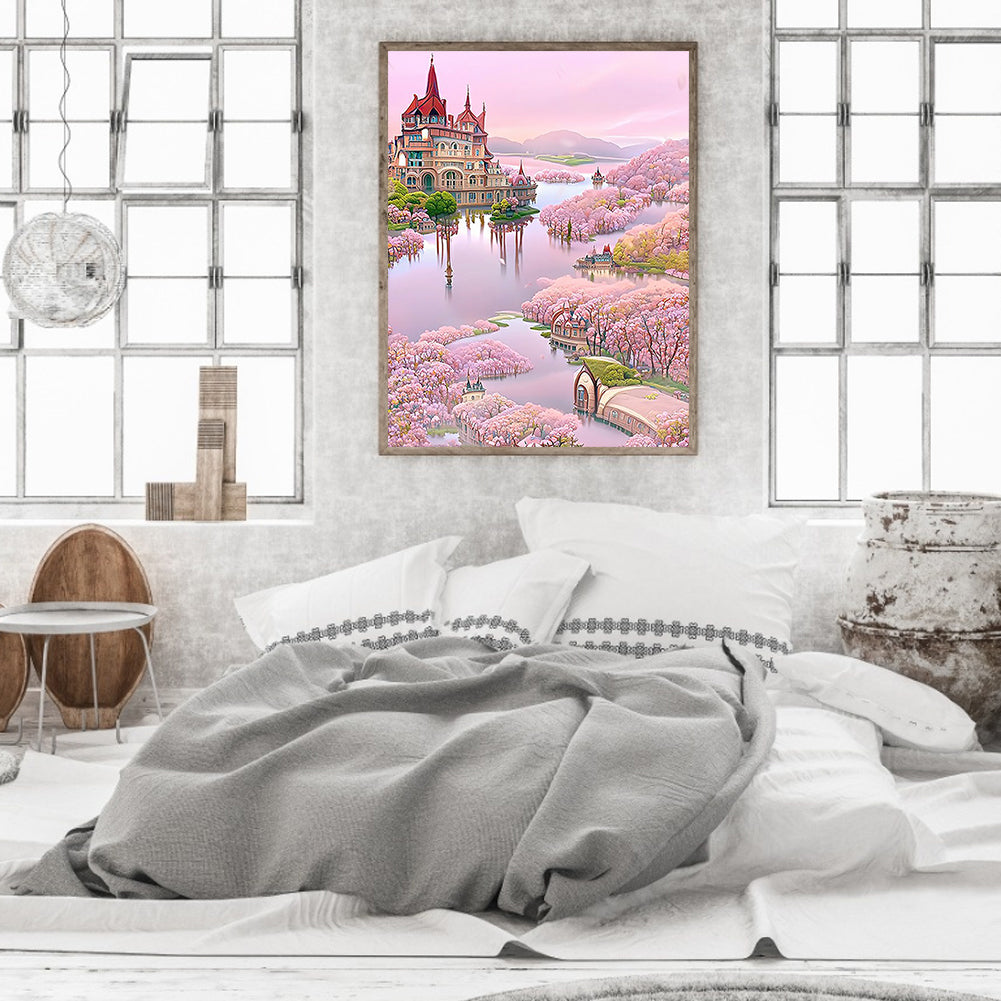 Pink Lake Castle - Full Round Drill Diamond Painting 40*50CM