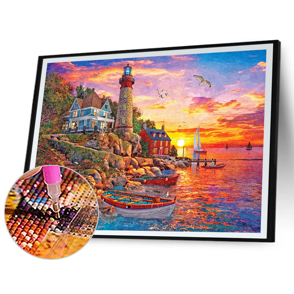 Seaside Pier Lighthouse Sunset - Full Round Drill Diamond Painting 70*50CM