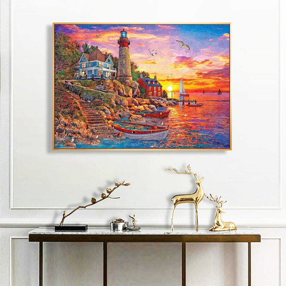 Seaside Pier Lighthouse Sunset - Full Round Drill Diamond Painting 70*50CM