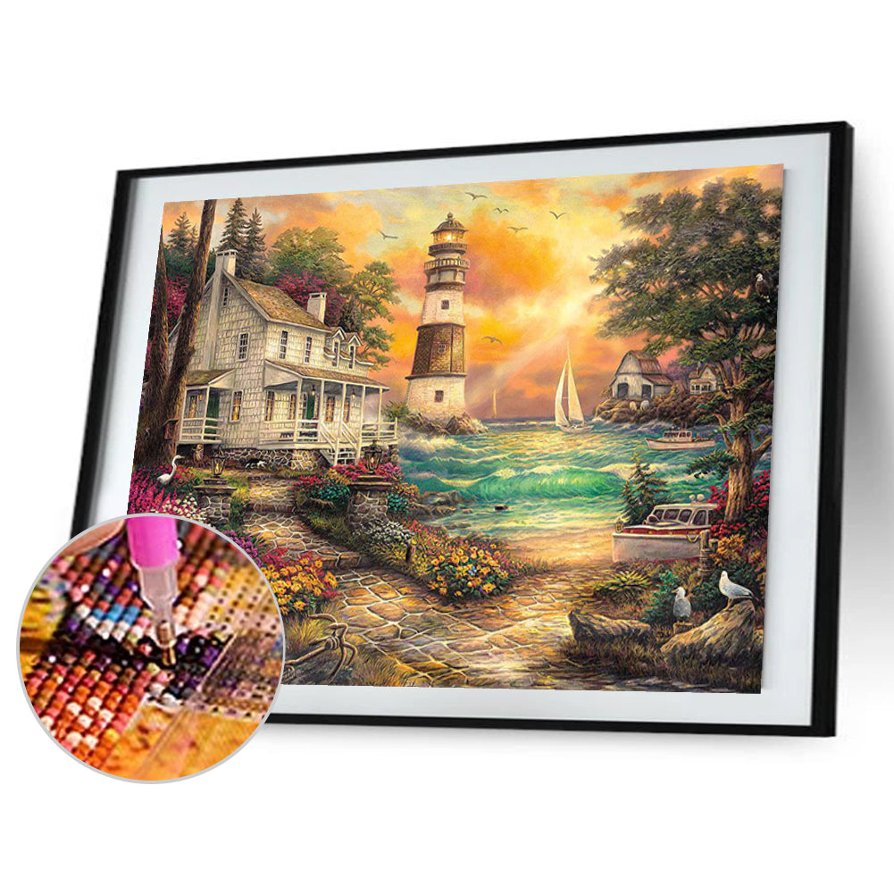 Lighthouse House By The Sea - Full Round Drill Diamond Painting 50*40CM