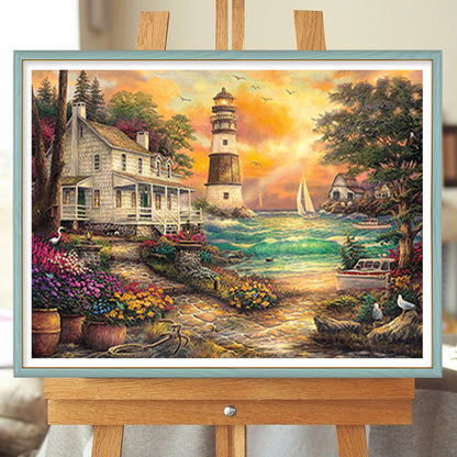 Lighthouse House By The Sea - Full Round Drill Diamond Painting 50*40CM