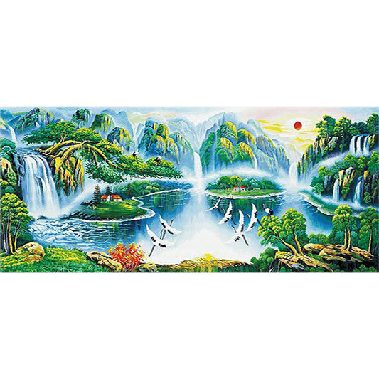 Crane Dance Landscape - Full Round Drill Diamond Painting 110*50CM