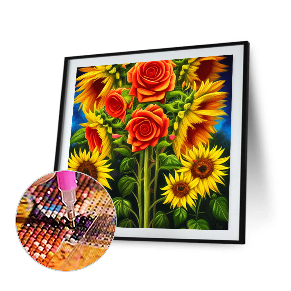 Blooming Roses And Sunflowers - Full Round Drill Diamond Painting 30*30CM