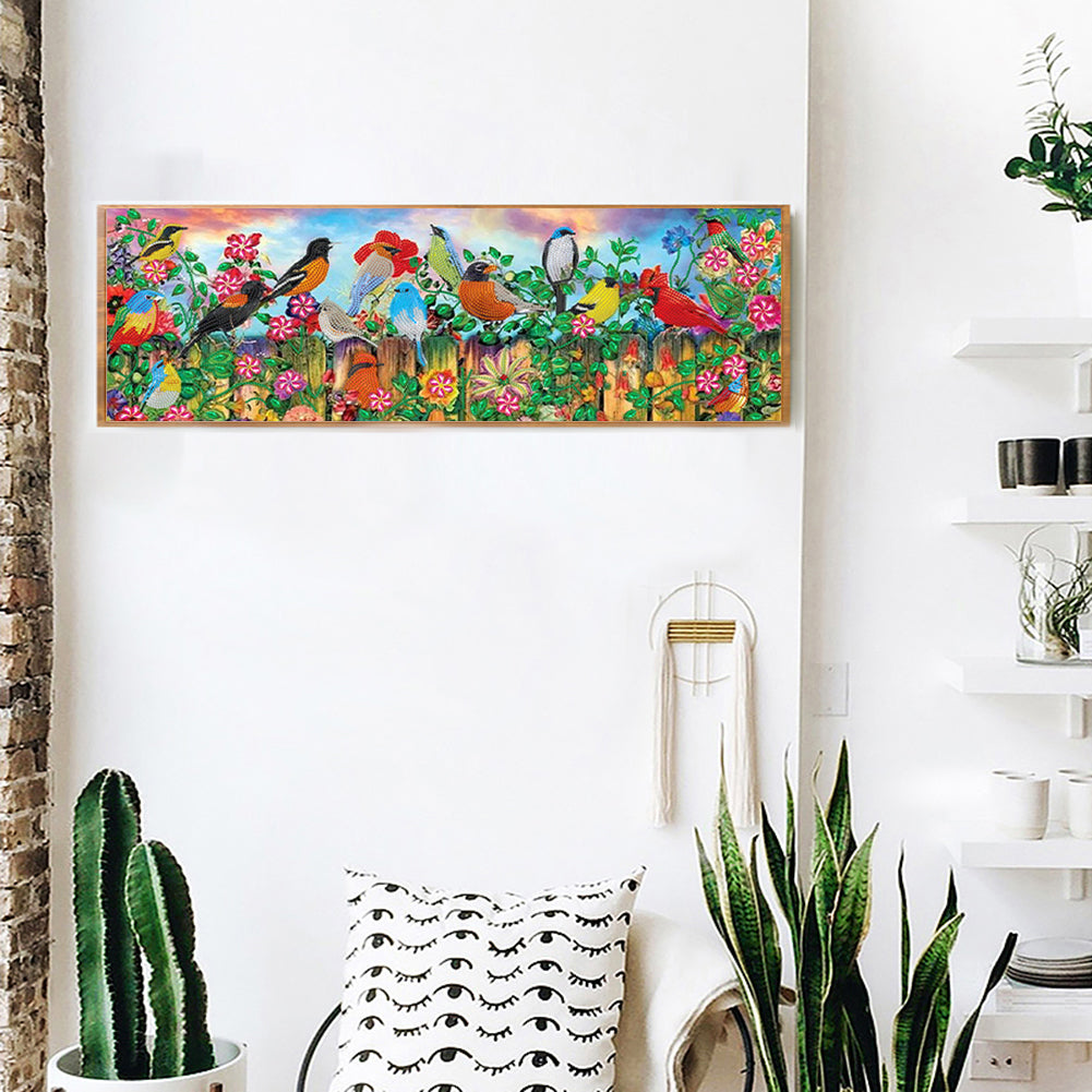 Flowers And Birds On The Fence - Special Shaped Drill Diamond Painting 80*30CM