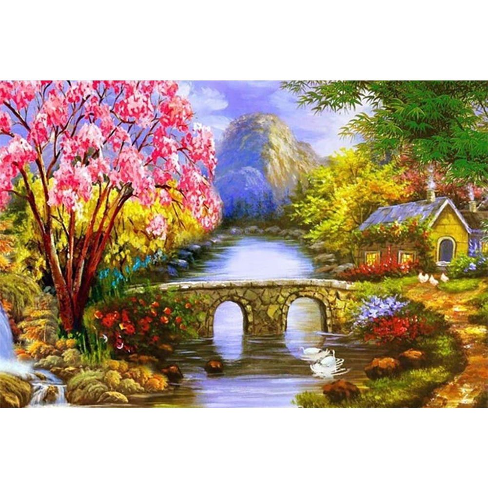 Alpine Small Bridge Flowing Water - Full Round Drill Diamond Painting 40*30CM