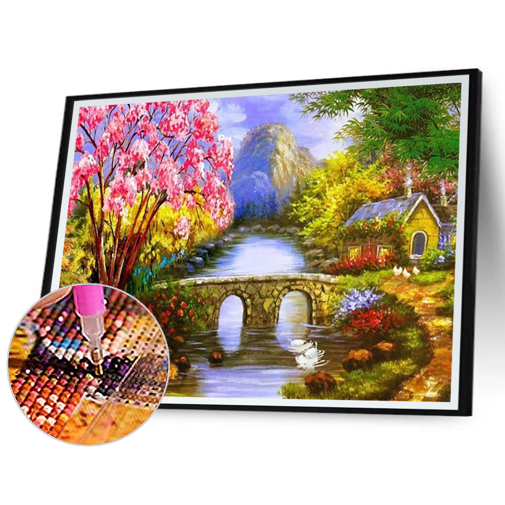 Alpine Small Bridge Flowing Water - Full Round Drill Diamond Painting 40*30CM