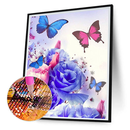 Blue Rose Butterfly - Full Round Drill Diamond Painting 30*40CM