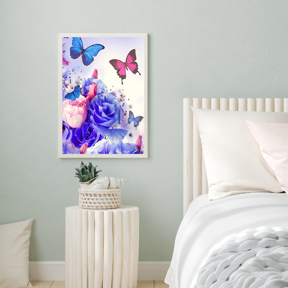 Blue Rose Butterfly - Full Round Drill Diamond Painting 30*40CM