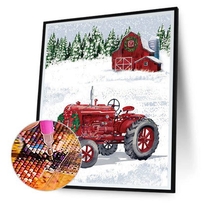 Christmas Snow Red Cabin Tractor - Full Round Drill Diamond Painting 40*50CM