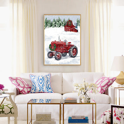 Christmas Snow Red Cabin Tractor - Full Round Drill Diamond Painting 40*50CM