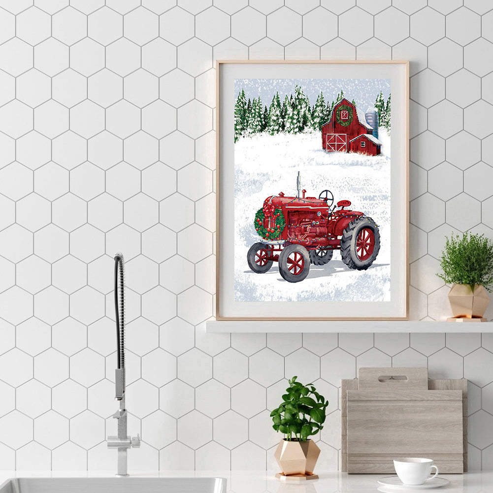 Christmas Snow Red Cabin Tractor - Full Round Drill Diamond Painting 40*50CM