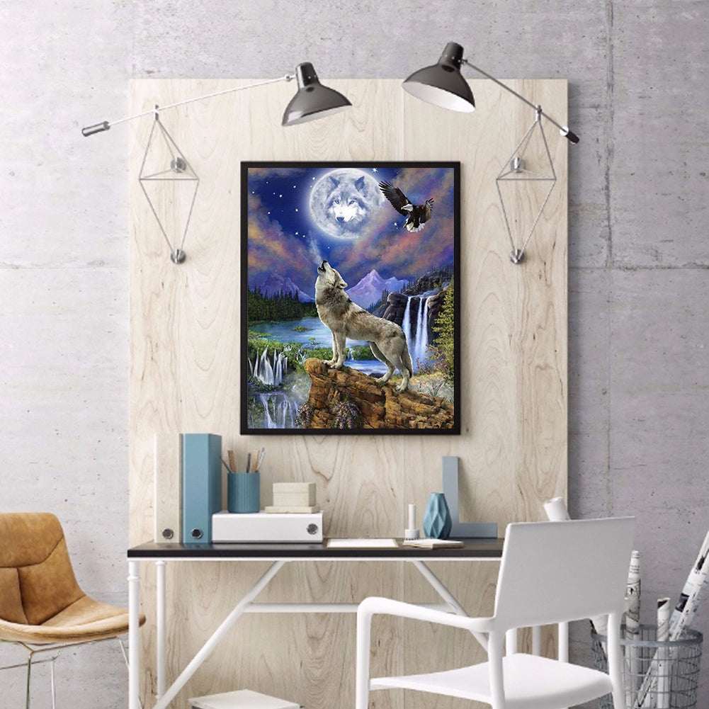 Wolf Howling Under The Moon - Full Round Drill Diamond Painting 40*50CM