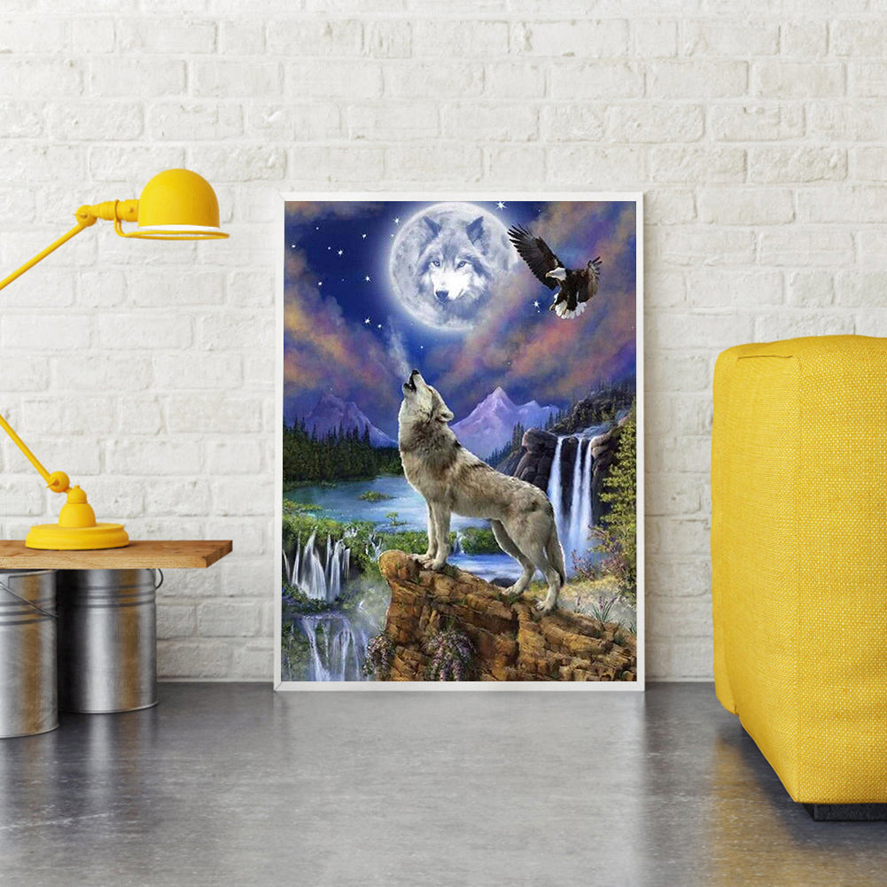 Wolf Howling Under The Moon - Full Round Drill Diamond Painting 40*50CM