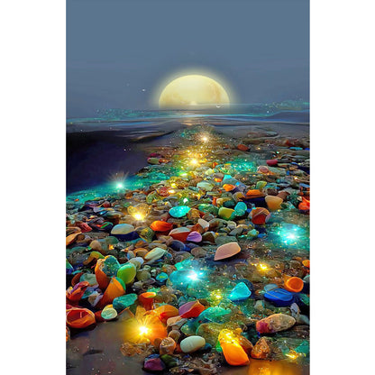 Glowing Colored Stones On The Seashore Under The Moon - Full Round Drill Diamond Painting 40*70CM