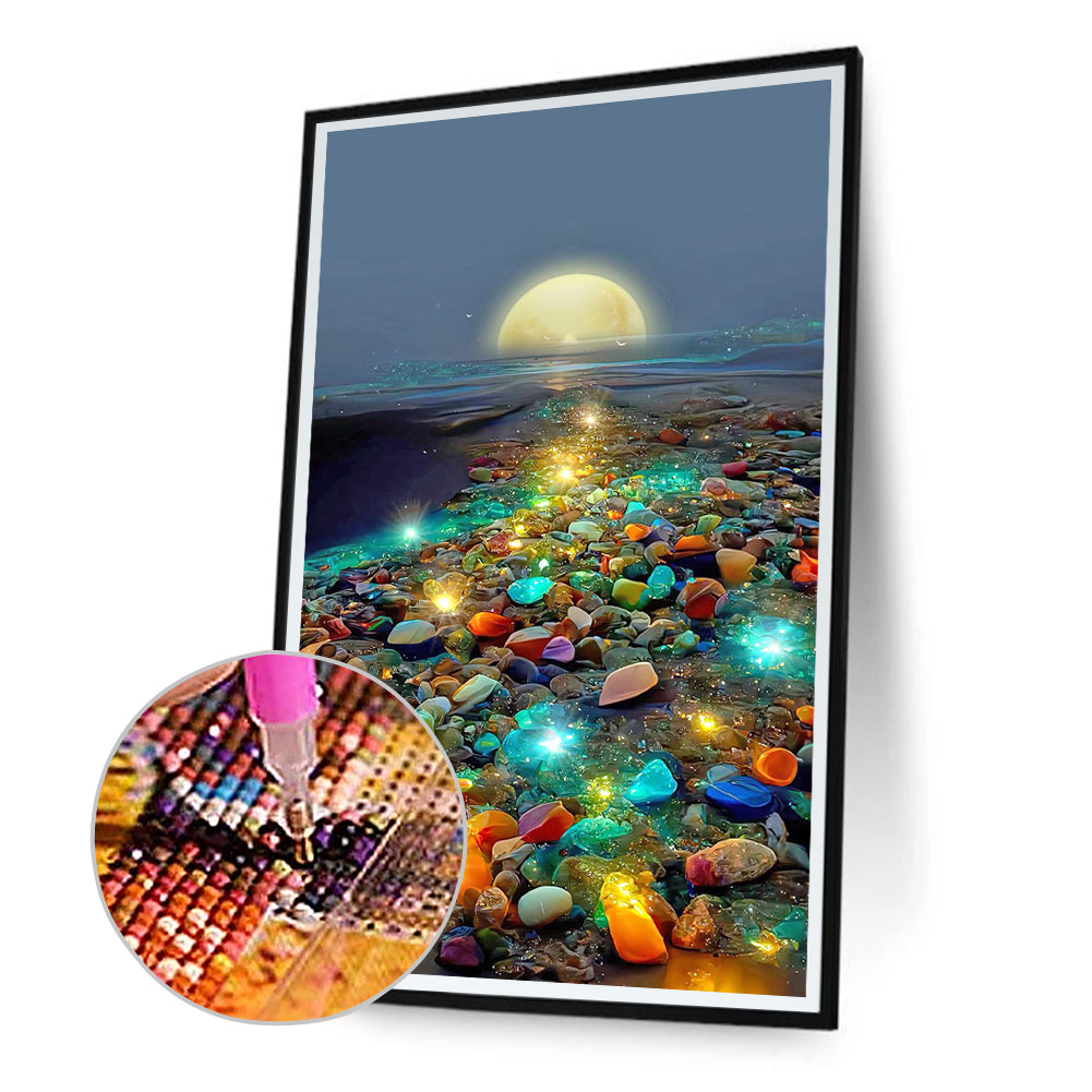 Glowing Colored Stones On The Seashore Under The Moon - Full Round Drill Diamond Painting 40*70CM