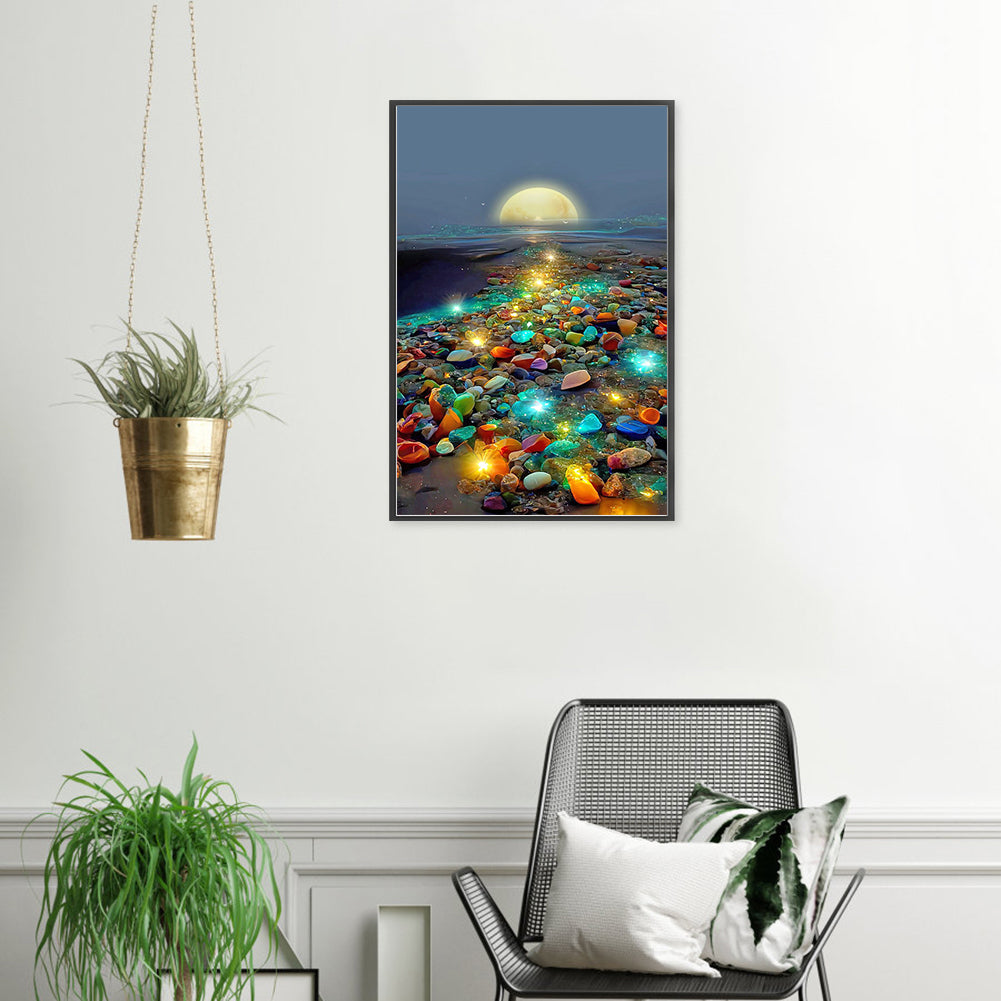 Glowing Colored Stones On The Seaside Under The Moon - Full Round Drill Diamond Painting 40*70CM