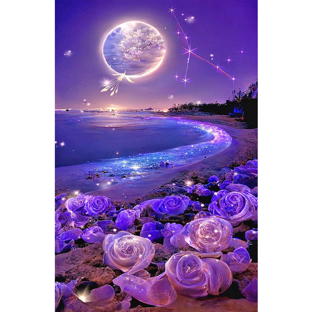 Dreamy Purple Rose Beach Under The Moon - Full Round Drill Diamond Painting 40*70CM