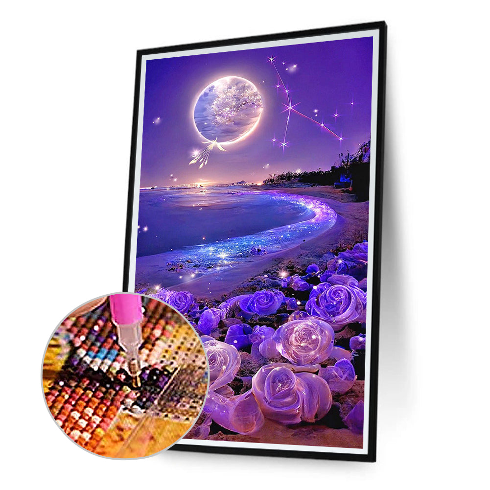 Dreamy Purple Rose Beach Under The Moon - Full Round Drill Diamond Painting 40*70CM