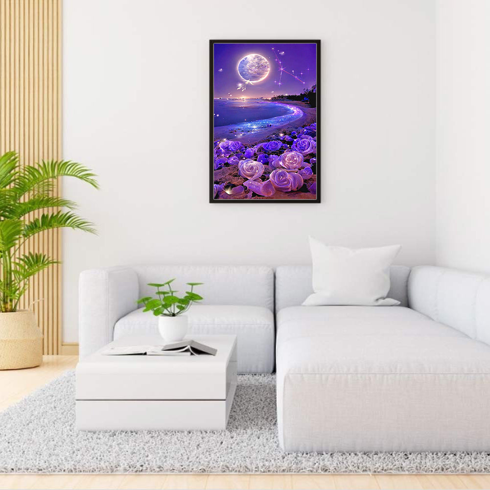 Dreamy Purple Rose Beach Under The Moon - Full Round Drill Diamond Painting 40*70CM