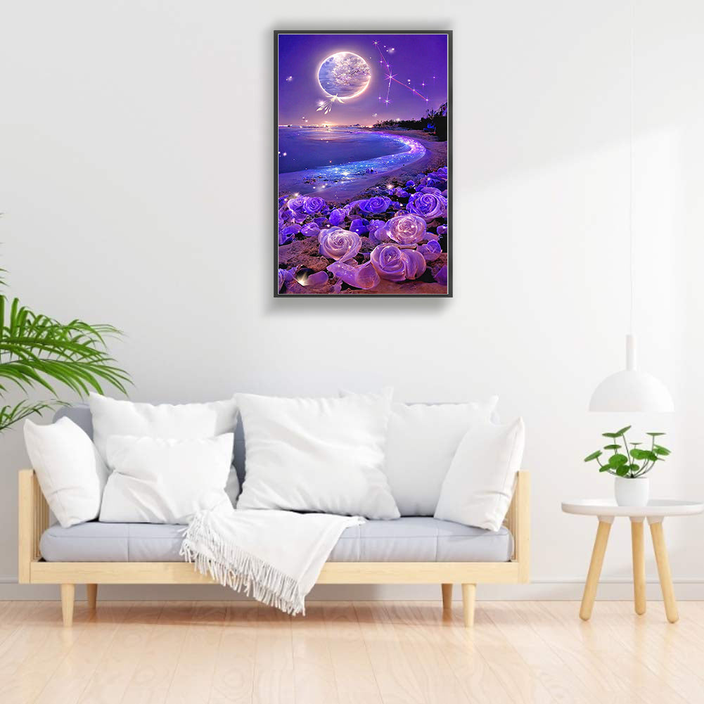 Dreamy Purple Rose Beach Under The Moon - Full Round Drill Diamond Painting 40*70CM