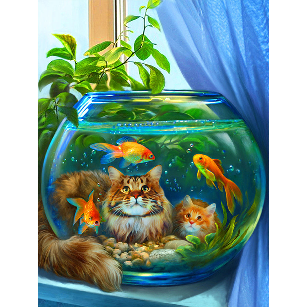 Cat By Fishbowl - Full Square Drill Diamond Painting 30*40CM