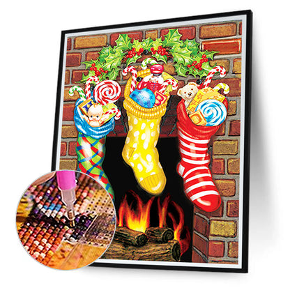 Christmas Stockings Hanging On The Fireplace - Full Round Drill Diamond Painting 30*40CM