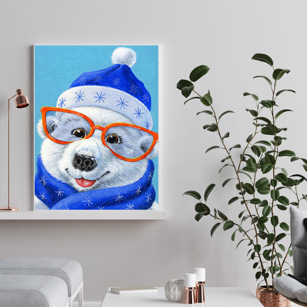 Polar Bear With Blue Hat - Full Round Drill Diamond Painting 30*40CM