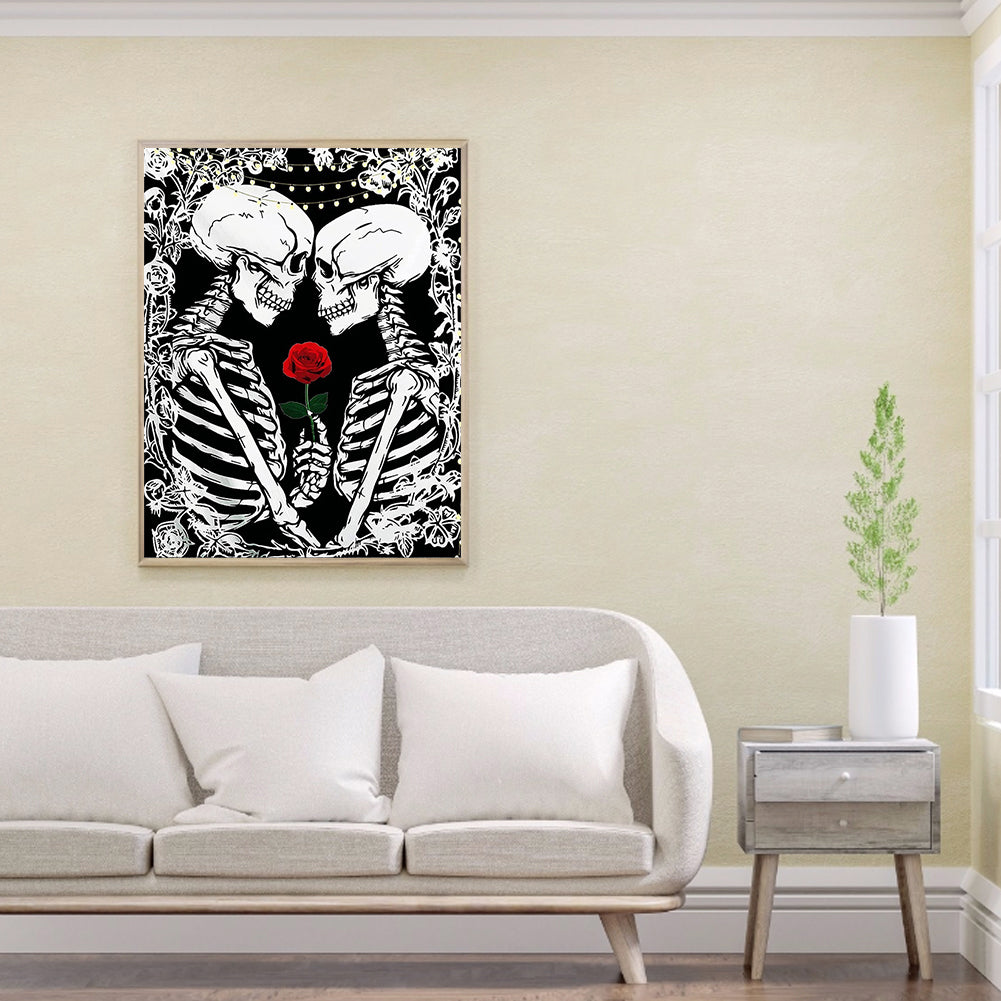 Red Rose Couple Skull - Full Round Drill Diamond Painting 30*40CM