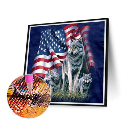 American Flag Wolf - Full Square Drill Diamond Painting 30*30CM