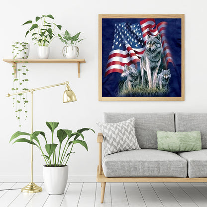 American Flag Wolf - Full Square Drill Diamond Painting 30*30CM