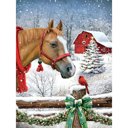 Christmas Snow Scene With Horses 30*40CM(Canvas) Full Square Drill Diamond Painting