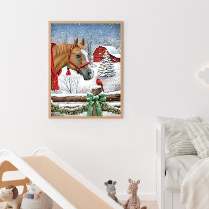 Christmas Snow Scene With Horses 30*40CM(Canvas) Full Square Drill Diamond Painting