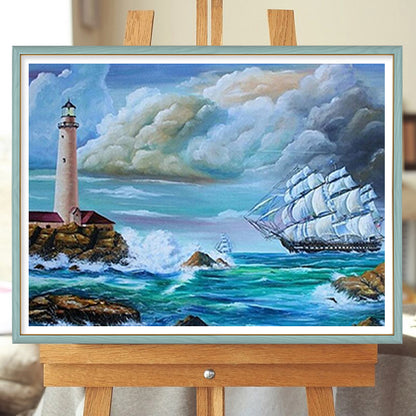 Sailboat And Lighthouse At Sea - Full Square Drill Diamond Painting 50*40CM