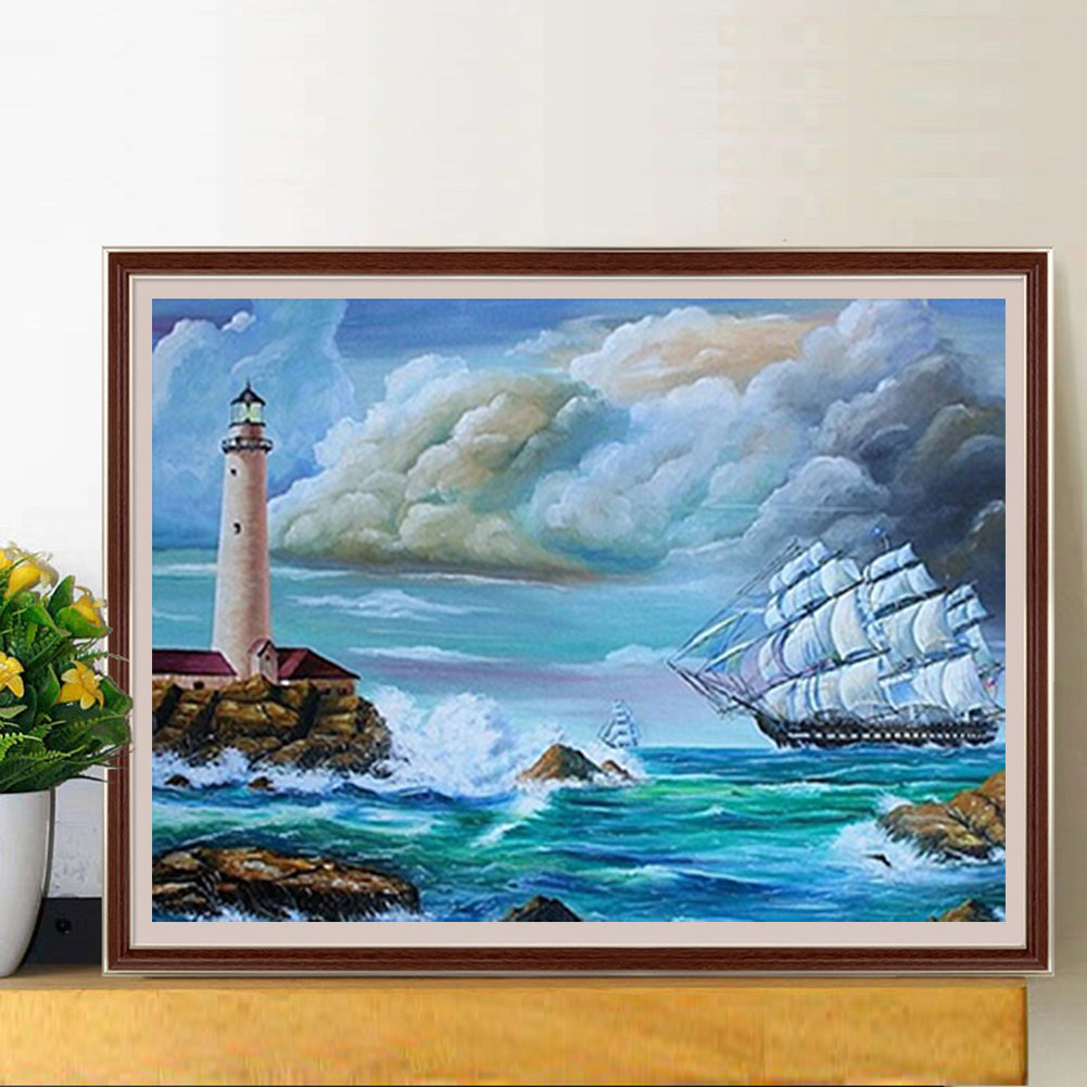 Sailboat And Lighthouse At Sea - Full Square Drill Diamond Painting 50*40CM