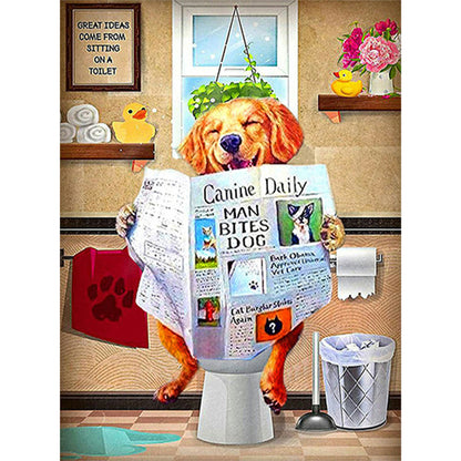 Golden Retriever Sitting On Toilet 30*40CM(Canvas) Full Square Drill Diamond Painting