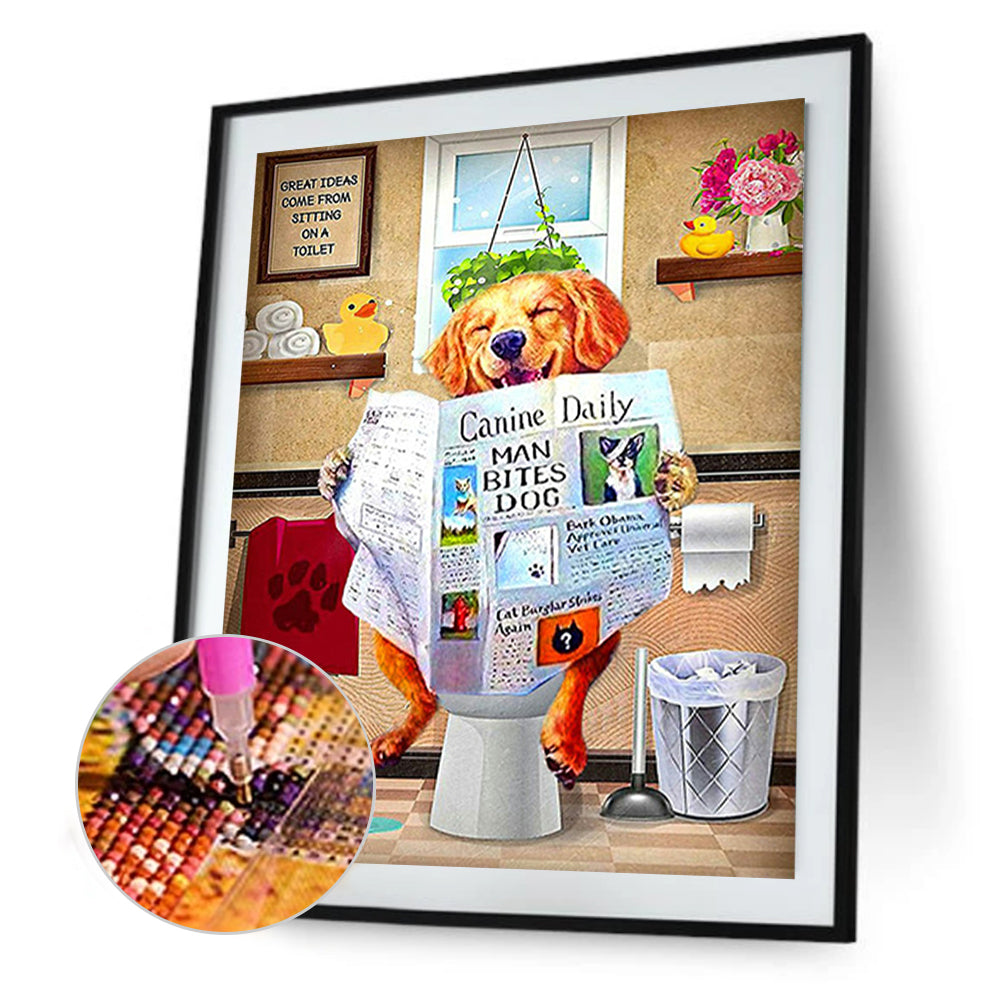 Golden Retriever Sitting On Toilet 30*40CM(Canvas) Full Square Drill Diamond Painting