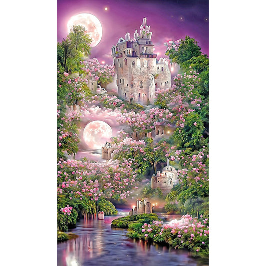 Pink Rose Castle Under The Moon 40*70CM(Canvas) Full Round Drill Diamond Painting