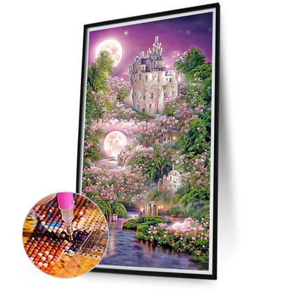 Pink Rose Castle Under The Moon 40*70CM(Canvas) Full Round Drill Diamond Painting