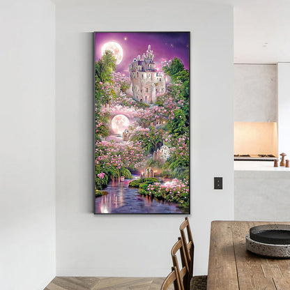 Pink Rose Castle Under The Moon - Full Round Drill Diamond Painting 40*70CM