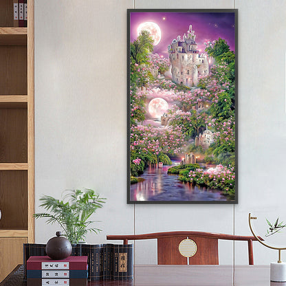 Pink Rose Castle Under The Moon 40*70CM(Canvas) Full Round Drill Diamond Painting