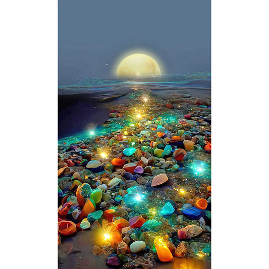 Glowing Colored Stones On The Seaside Under The Moon 40*70CM(Canvas) Full Square Drill Diamond Painting